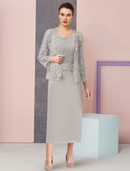 Two Piece Mother of the Bride Dress Formal Wedding Guest Elegant Square Neck Ankle Length Chiffon Lace Sleeveless Wrap Included with Appliques