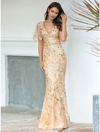 Evening Gown Sparkle Dress Wedding Guest Floor Length Short Sleeve V Neck Tulle with Sequin