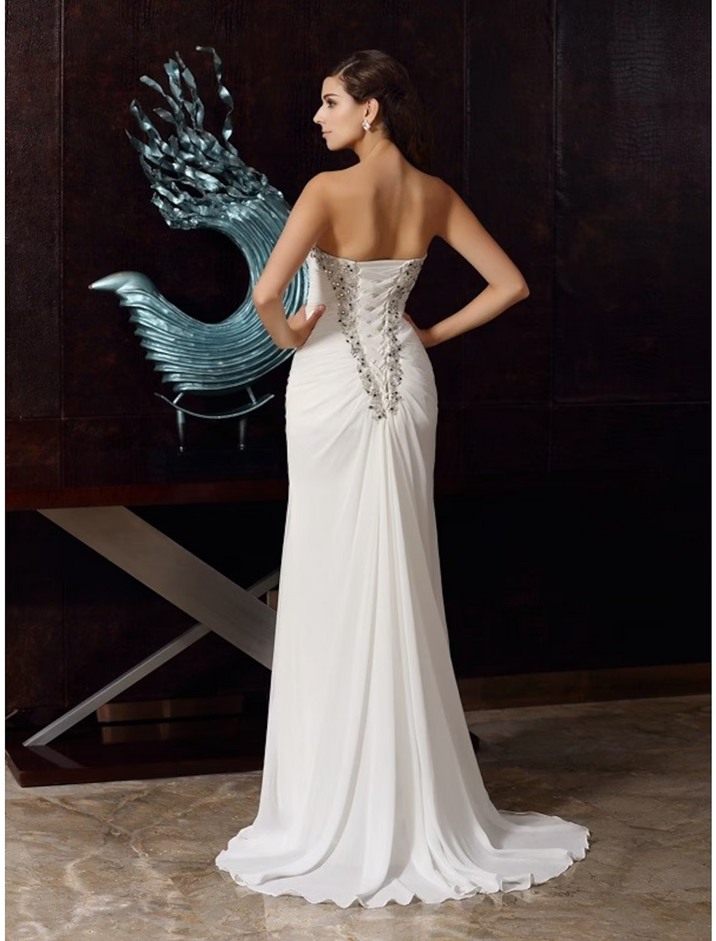 Evening Gown Elegant Dress Party Wear Sleeveless Strapless Chiffon with Rhinestone Ruched