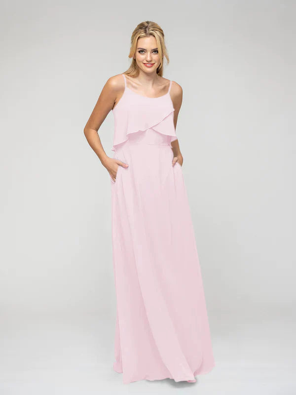 Ruffles Bodice A-Line Chiffon Bridesmaid Dress For Elegant Bridal Party With Flowy Skirt