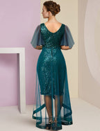 Mother Of The Bride Dress Chiffon Sequined Sparkle High Low V Neck Knee Length For Elegant Moms