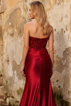 Embellished Satin Mermaid Strapless Sweetheart Low-Back Floor-Length Prom Dress