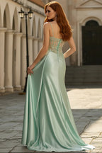 Embellished Satin A-Line V-Neck Spaghetti-Strap Low-Back Floor-Length Prom Dress