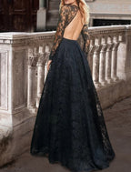 Black Gothic Lace Wedding Dress For Brides A Line Scoop Neck Long Sleeve Sweep Train Pleated Bridal Gown