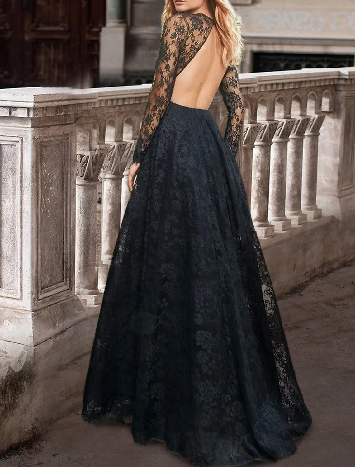Black Gothic Lace Wedding Dress For Brides A Line Scoop Neck Long Sleeve Sweep Train Pleated Bridal Gown