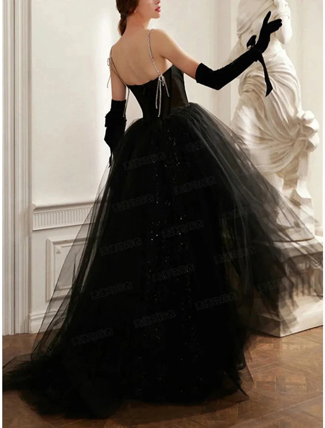 A Line Sequin Evening Gown Black Floor Length Strapless Prom Dress For Glamorous Photoshoots