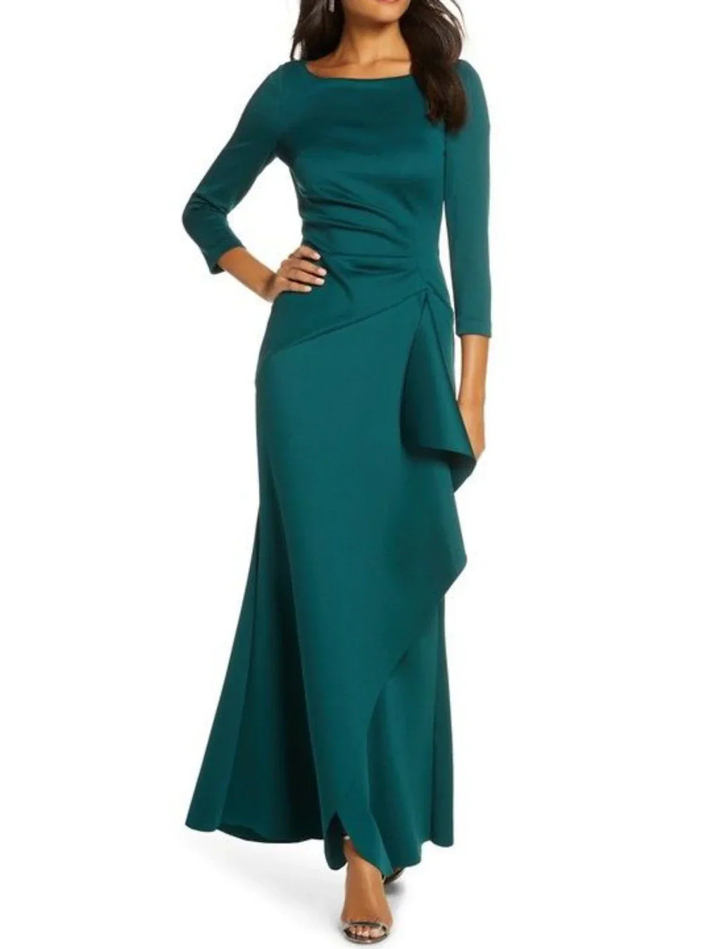 Mother Of The Bride Satin Lace Dress Elegant Scoop Neck Sheath Ankle Length Three Quarter Sleeve With Ruffles
