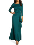 Mother Of The Bride Satin Lace Dress Elegant Scoop Neck Sheath Ankle Length Three Quarter Sleeve With Ruffles