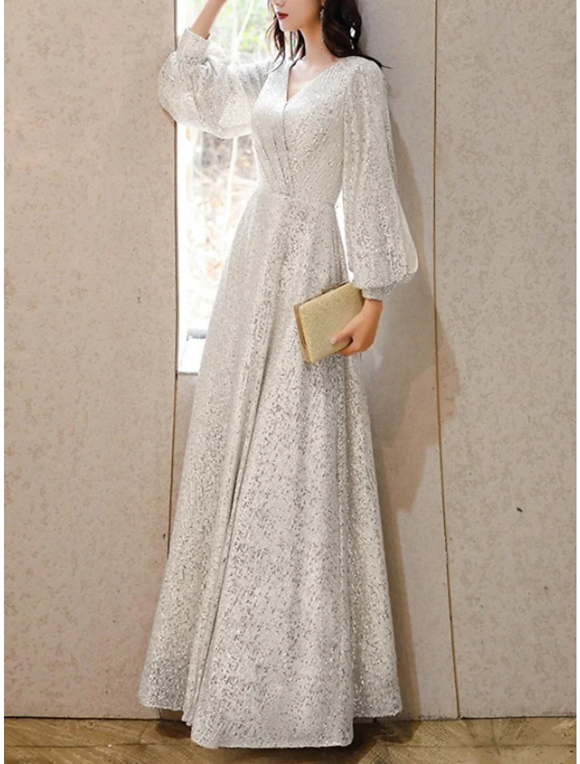 Mother Of The Bride Dress Sheath Sequined Petite V Neck Floor Length With Pleats Elegant Sparkle