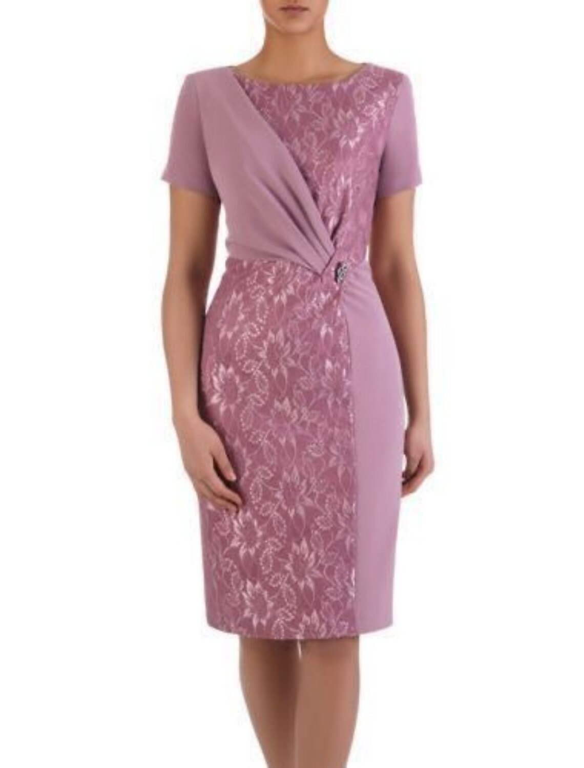Mother Of The Bride Dress Knee Length Chiffon Lace Short Sleeve With Crystal Brooch For Elegant Wedding Moms