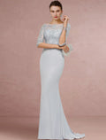 Mother Of The Bride Dress Vintage Chiffon Lace With Sequin Half Sleeve Scoop Neck Brush Train Elegant Classic