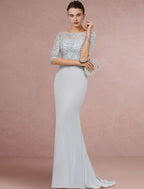 Mother Of The Bride Dress Vintage Chiffon Lace With Sequin Half Sleeve Scoop Neck Brush Train Elegant Classic