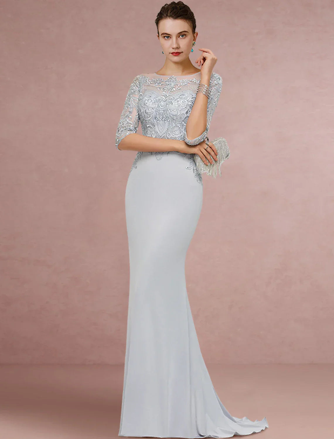 Mother Of The Bride Dress Vintage Chiffon Lace With Sequin Half Sleeve Scoop Neck Brush Train Elegant Classic