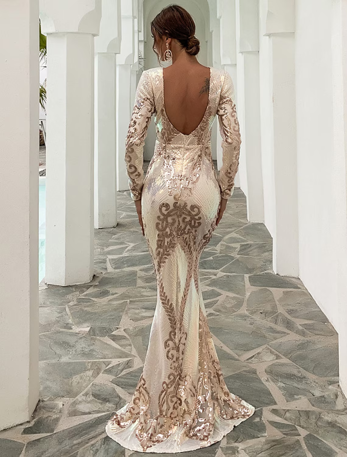 Evening Gown Sexy Dress Formal Long Sleeve Jewel Neck Polyester Backless with Sequin