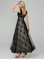 A-Line Open Back Dress Holiday Floor Length Sleeveless Jewel Neck Tulle with Appliques