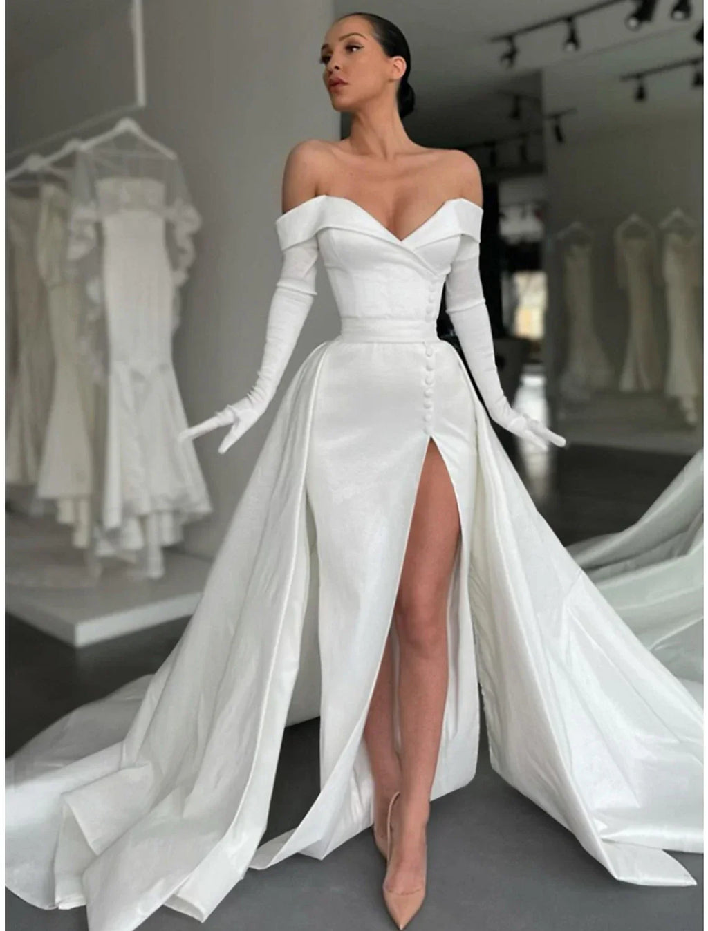 A Line Satin Evening Gown For Women Elegant Off Shoulder Long Sleeve Dress With Court Train Pleats And Buttons