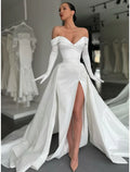 A Line Satin Evening Gown For Women Elegant Off Shoulder Long Sleeve Dress With Court Train Pleats And Buttons