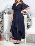Mother Of The Bride Jumpsuit Chic Chiffon Ankle Length With Sequin Appliques V Neck Short Sleeve Formal Elegant