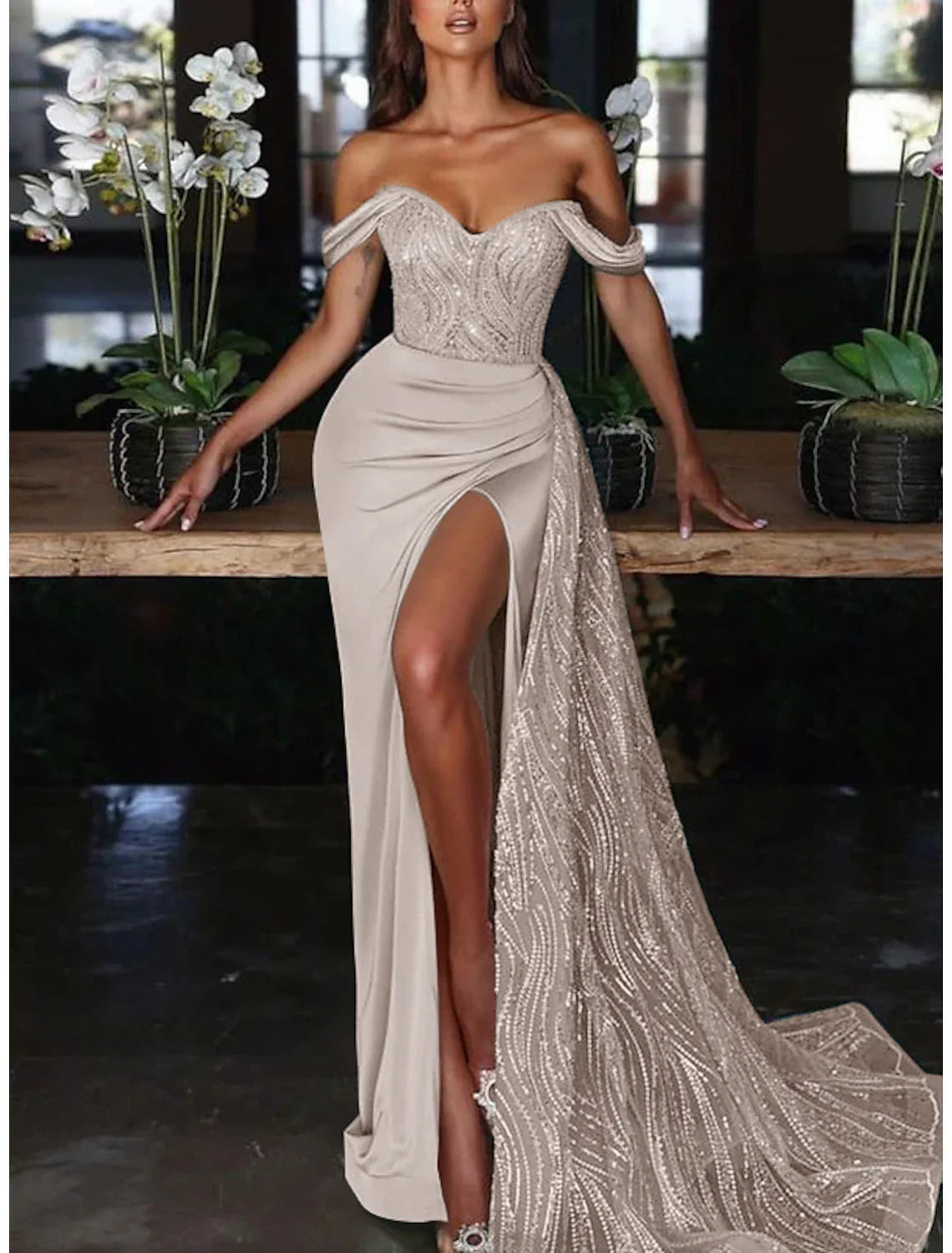Mermaid Trumpet Evening Gown Glamorous Off Shoulder Ruched Sequin Charmeuse For Wedding Guests