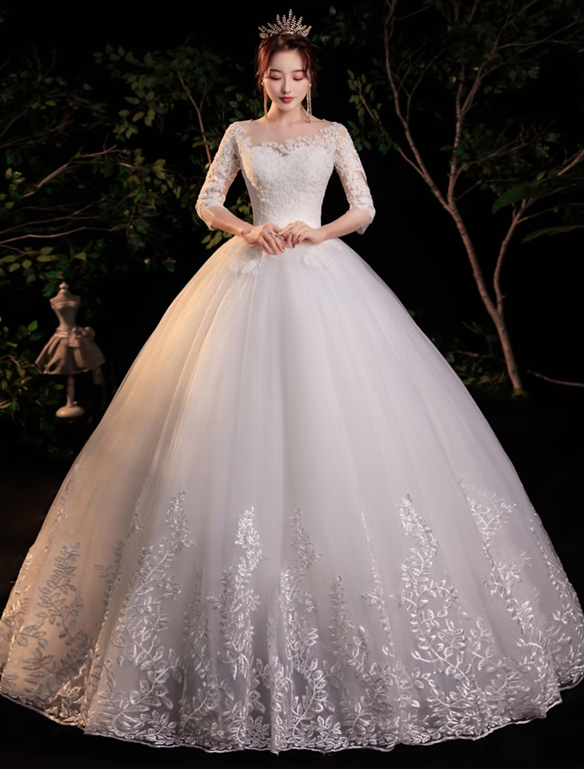 Engagement Formal Wedding Dresses Floor Length Princess Half Sleeve Lace With Appliques