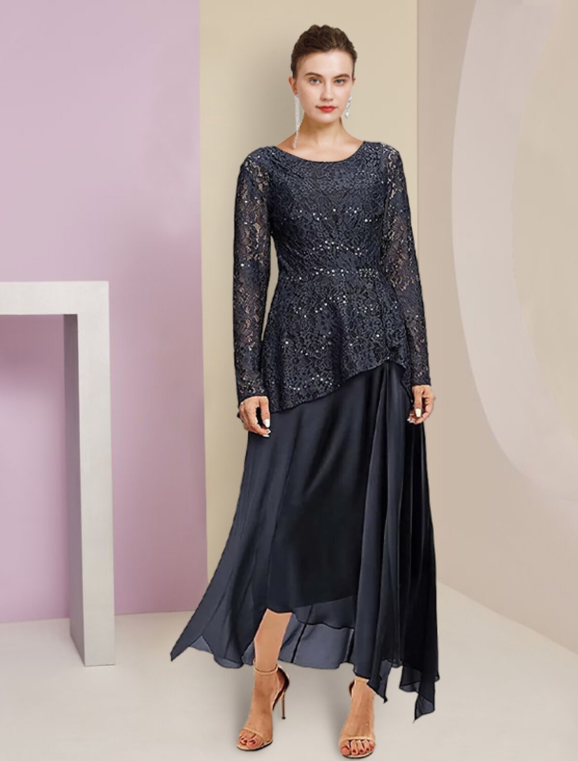 Mother Of The Bride Dress Elegant A Line Chiffon Lace Tea Length High Low Hem For Mothers Of The Bride