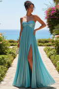 Pleated A-Line Strapless Sweetheart Low-Back Floor-Length Prom Dress