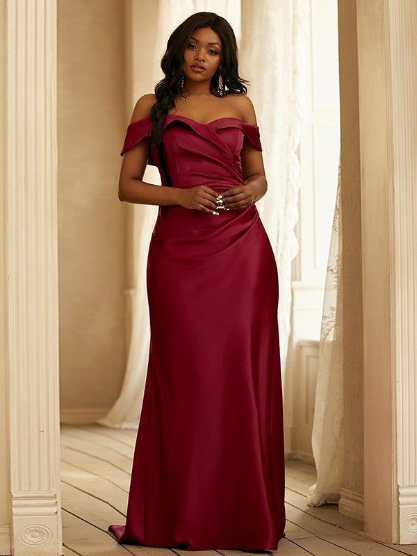Satin Sheath Bridesmaid Dress With Ruched Off The Shoulder Sleeveless And Sweep Train For Bridesmaids