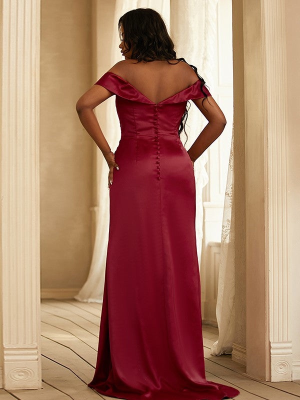 Satin Sheath Bridesmaid Dress With Ruched Off The Shoulder Sleeveless And Sweep Train For Bridesmaids