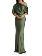 Mother Of The Bride Satin Sheath Dress Elegant Off Shoulder With Ruching And Sweep Train Fall Wedding Guest