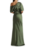 Mother Of The Bride Satin Sheath Dress Elegant Off Shoulder With Ruching And Sweep Train Fall Wedding Guest