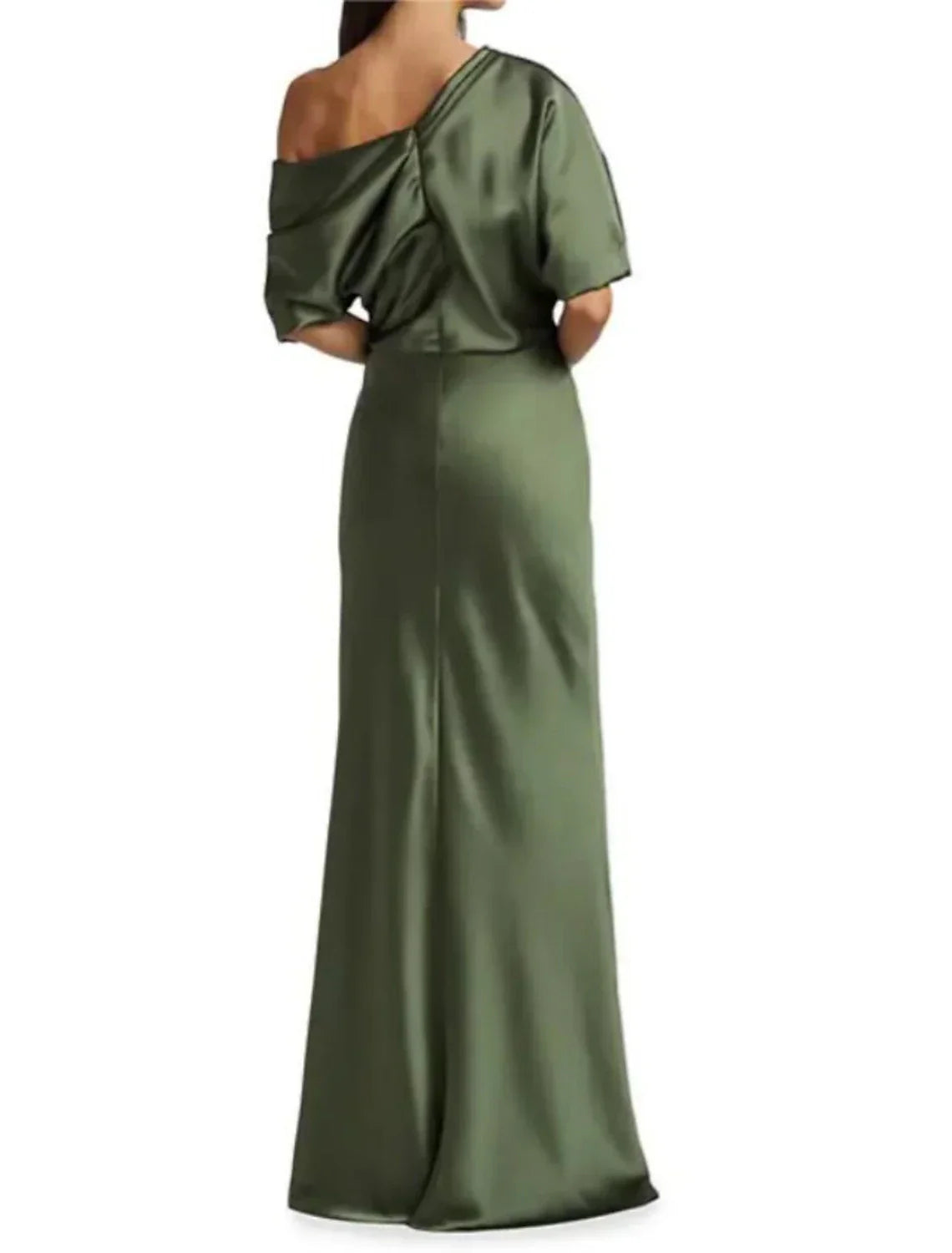 Mother Of The Bride Satin Sheath Dress Elegant Off Shoulder With Ruching And Sweep Train Fall Wedding Guest