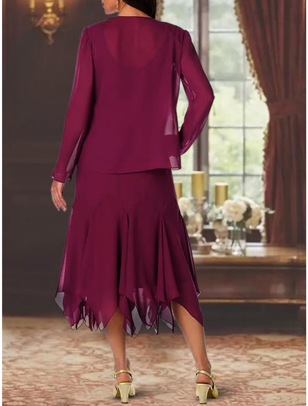 Two Piece Mother Of The Bride Dress Elegant V Neck Chiffon Lace Tea Length With Sequin Appliques And Wrap