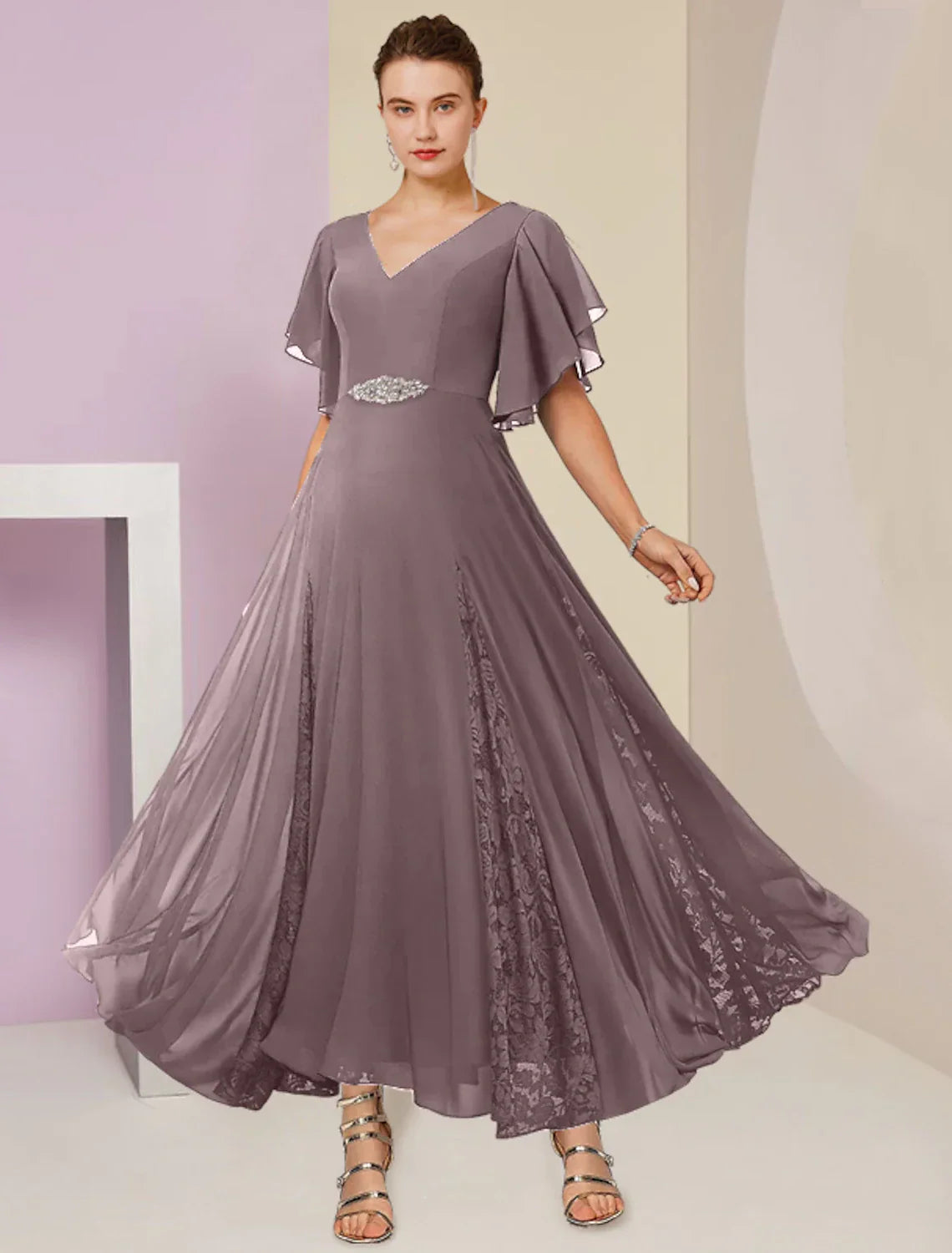 Mother Of The Bride Dress A Line Chiffon Lace V Neck Ankle Length Short Sleeve Pleats Crystal Brooch For Wedding Guests