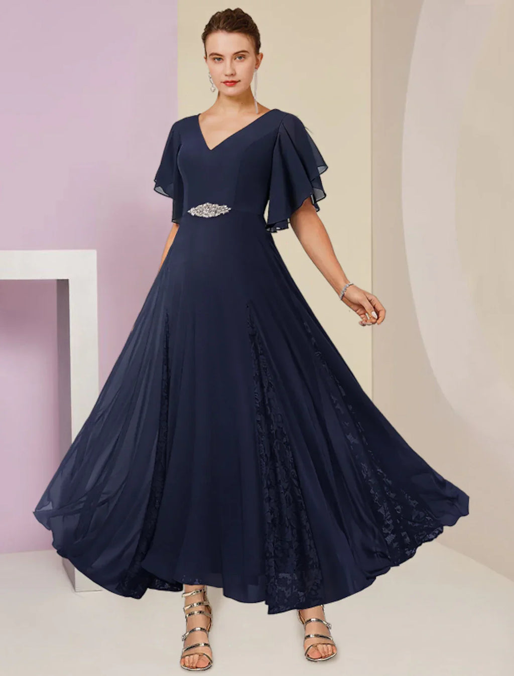 Mother Of The Bride Dress A Line Chiffon Lace V Neck Ankle Length Short Sleeve Pleats Crystal Brooch For Wedding Guests