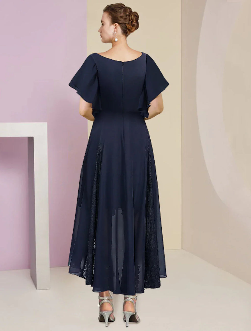 Mother Of The Bride Dress A Line Chiffon Lace V Neck Ankle Length Short Sleeve Pleats Crystal Brooch For Wedding Guests