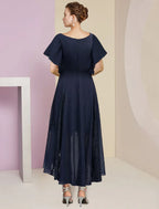 Mother Of The Bride Dress A Line Chiffon Lace V Neck Ankle Length Short Sleeve Pleats Crystal Brooch For Wedding Guests