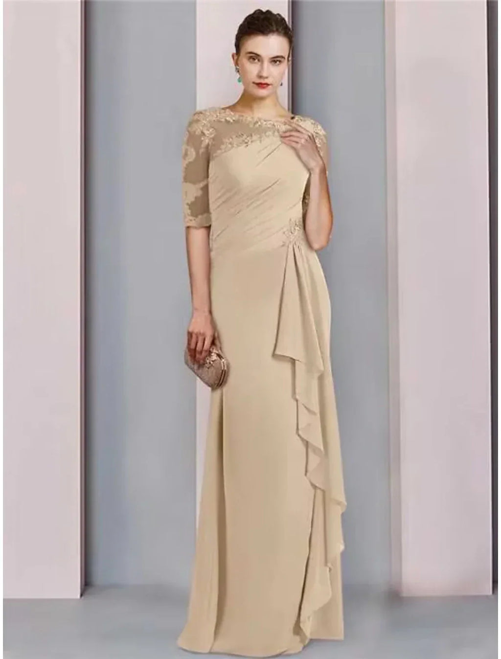 Elegant Mother Of The Bride Dress Chiffon Floor Length With Lace Ruffles Ruching Half Sleeve