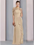 Elegant Mother Of The Bride Dress Chiffon Floor Length With Lace Ruffles Ruching Half Sleeve