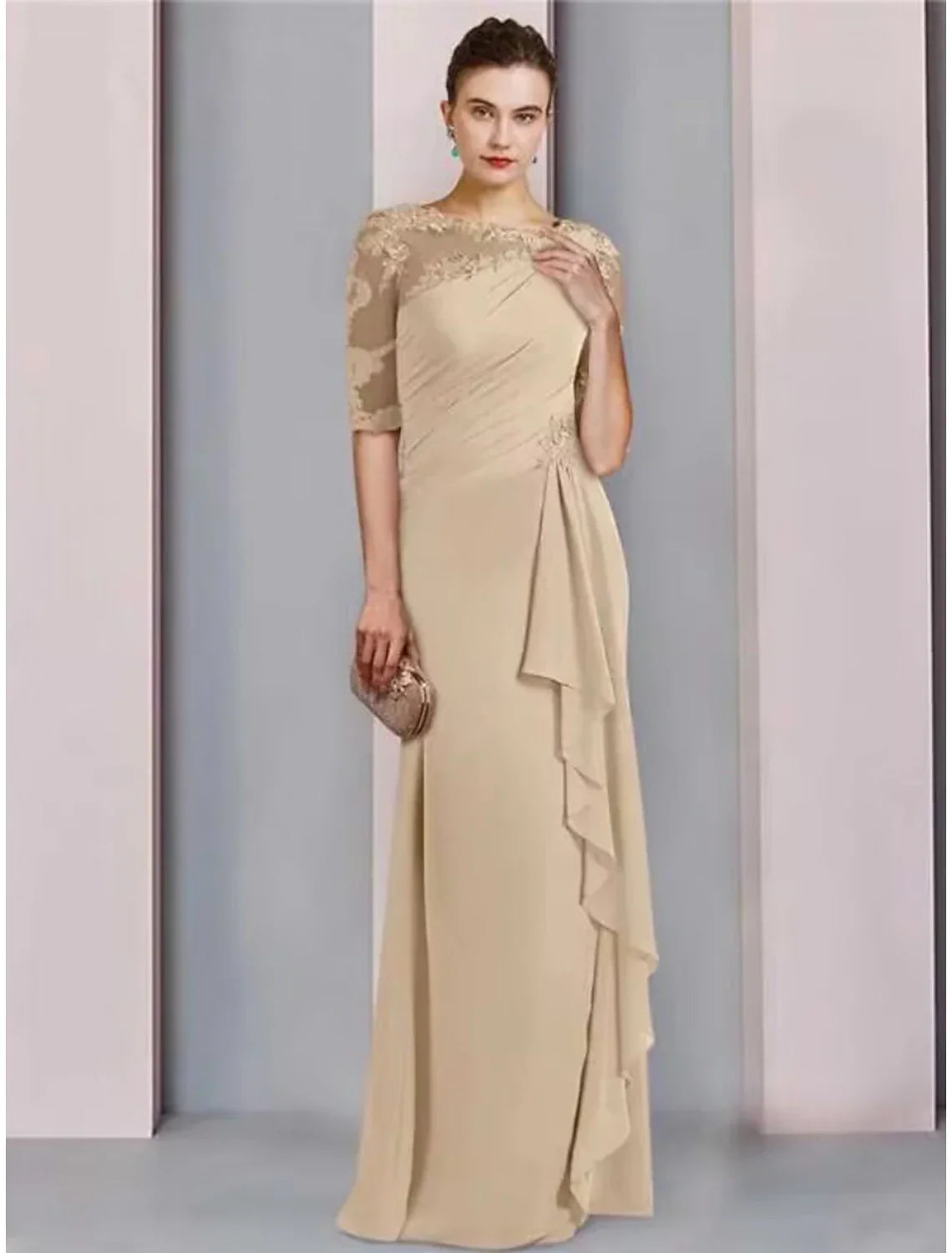 Elegant Mother Of The Bride Dress Chiffon Floor Length With Lace Ruffles Ruching Half Sleeve