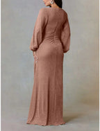 Mother Of The Bride Dress A Line Chiffon V Neck Long Sleeve Floor Length Ruched Elegant Gown