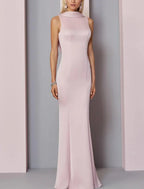 Elegant Satin Sheath Evening Dress For Engagements High Neck V Back Pleated Sleeveless Floor Length
