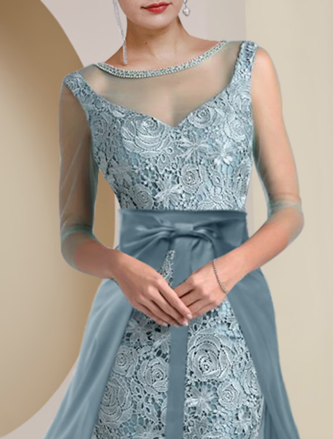 Two Piece Mother of the Bride Dress Formal Wedding Guest Vintage Elegant Length Knee Length Chiffon Lace Length Sleeve with Beading Appliques
