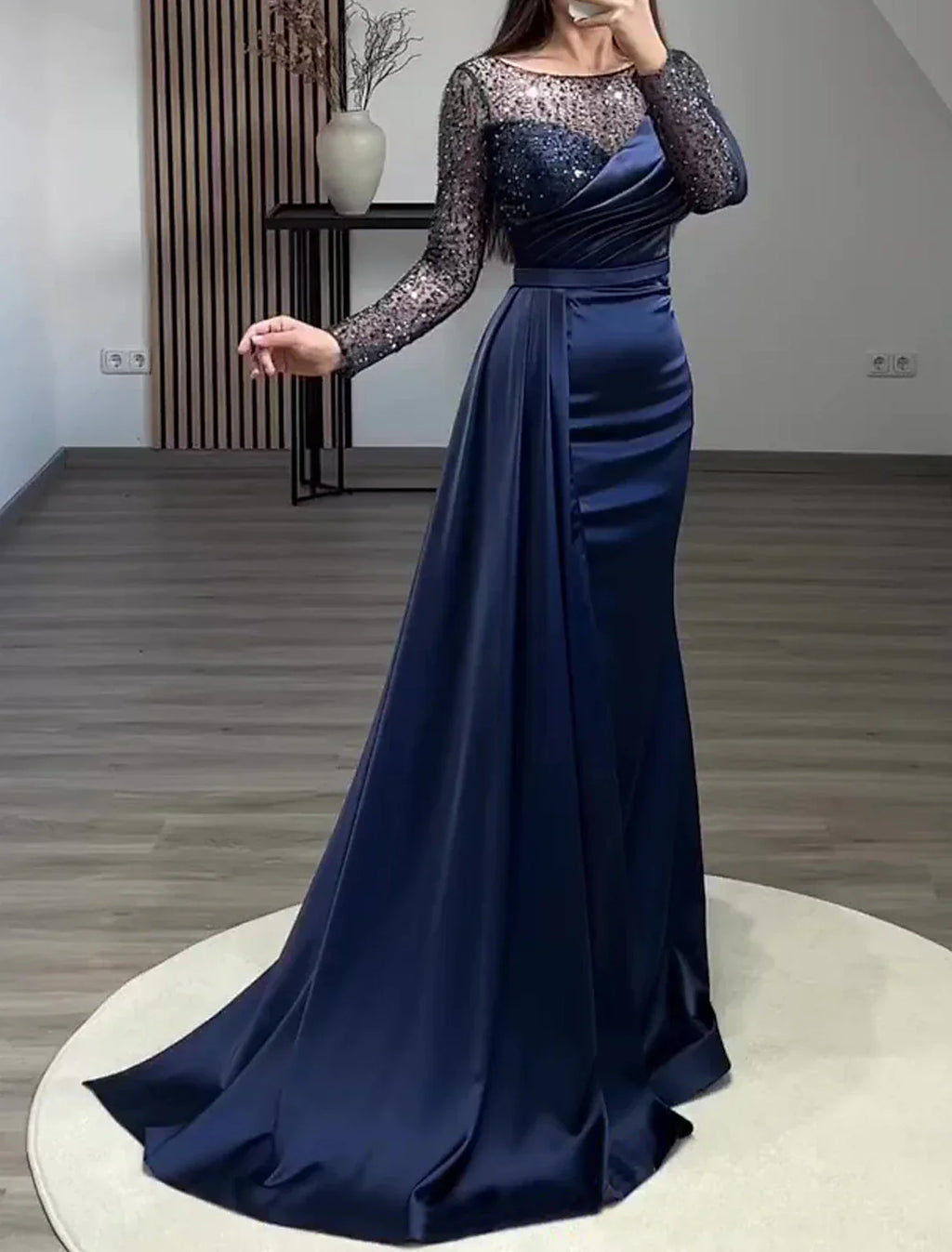 Mermaid Evening Gown Sparkling Sequin Ruched Pearls Long Sleeve Jewel Neck Court Train For Wedding Guests