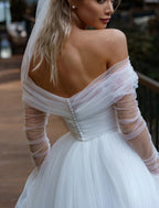 Elegant A Line Satin Wedding Dress For Brides Off Shoulder Long Sleeve Court Train With Sash