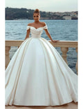 Engagement Satin Ball Gown Wedding Dress For Modern Brides With Off Shoulder Cap Sleeves Court Train And Ruched Bodice