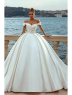 Engagement Satin Ball Gown Wedding Dress For Modern Brides With Off Shoulder Cap Sleeves Court Train And Ruched Bodice