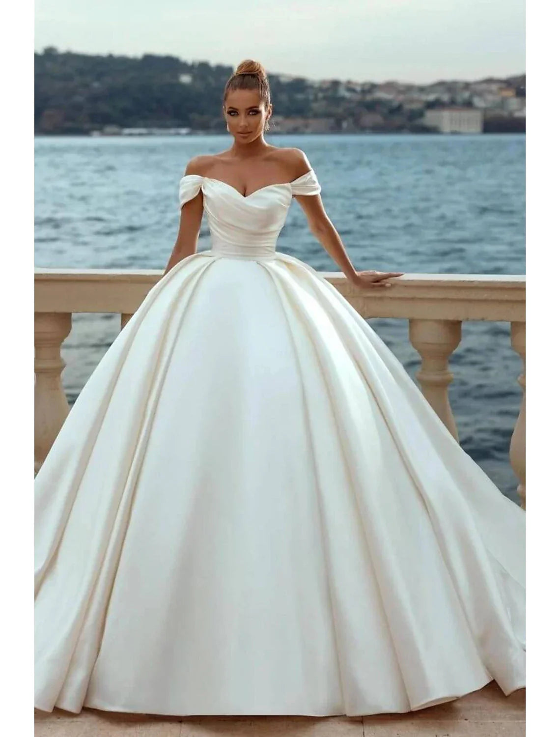 Engagement Satin Ball Gown Wedding Dress For Modern Brides With Off Shoulder Cap Sleeves Court Train And Ruched Bodice