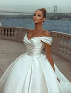 Engagement Satin Ball Gown Wedding Dress For Modern Brides With Off Shoulder Cap Sleeves Court Train And Ruched Bodice