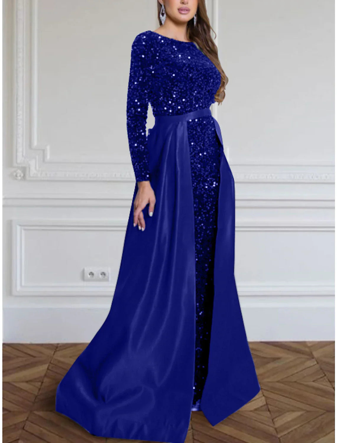 A Line Evening Gown Sparkling Black Dress For Women With Jewel Neck Long Sleeves Sequined Pleats Train