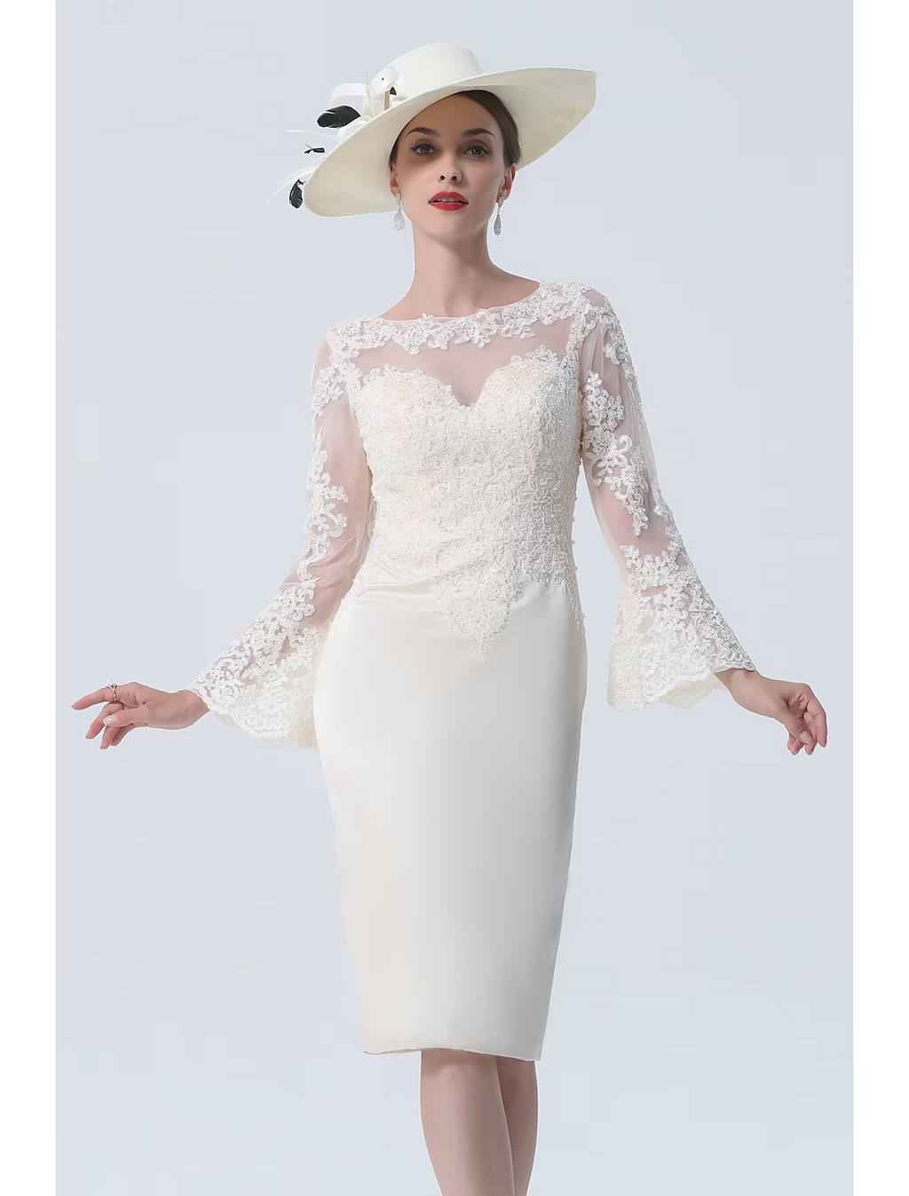 Mother of the Bride Dress Vintage Plus Size Elegant Knee Length Satin Lace Long Sleeve with Lace